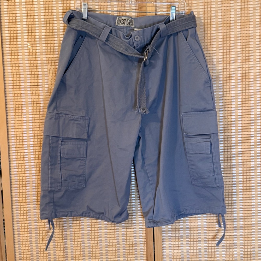 BTL Mens Cargo Shorts Gray Blue Size 36 Belted Twill Multi Pocket Relaxed Fit